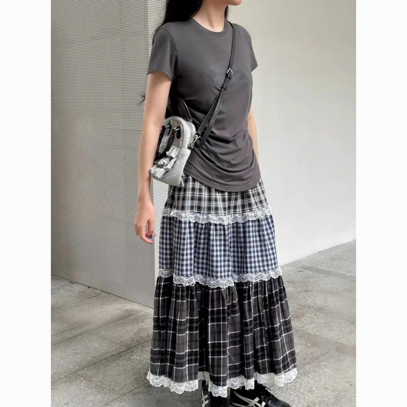 Plaid Lace-Patched Cake-Style Checkered Midi Skirt For Women