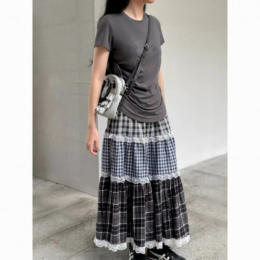 Plaid Lace-Patched Cake-Style Checkered Midi Skirt For Women