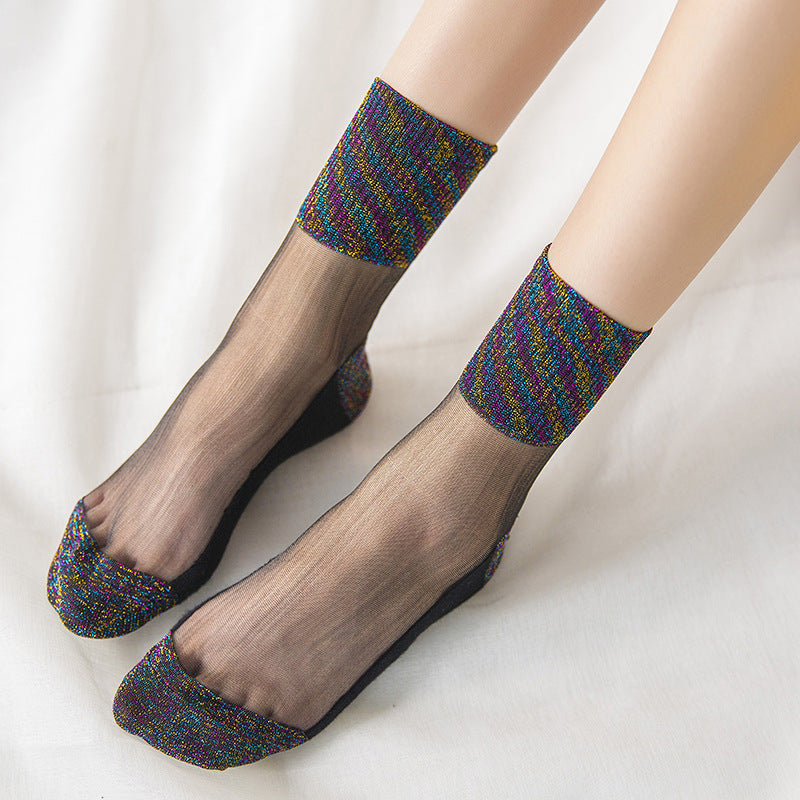 Spring And Summer Ultra-thin Women's Cotton Base Black Silk Transparent Mid-calf Socks