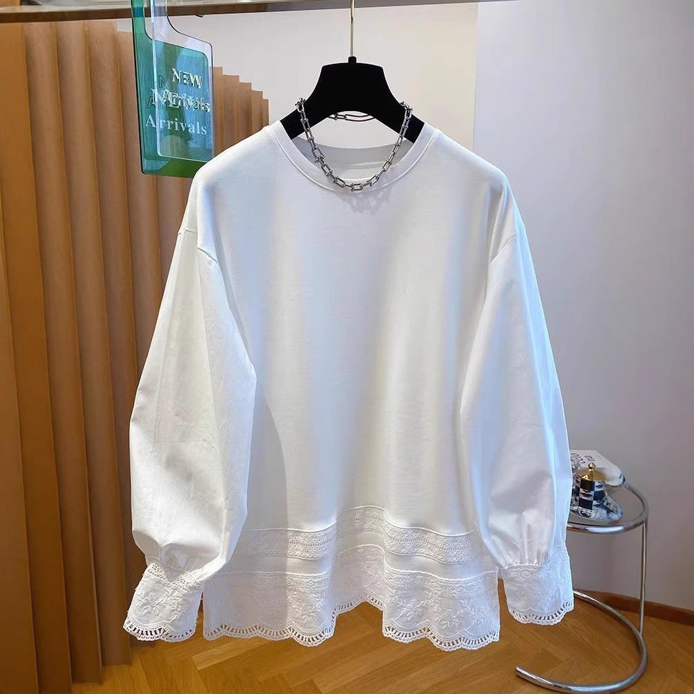 White Lace Patchwork Puff Sleeve Long Sleeve Women's Spring