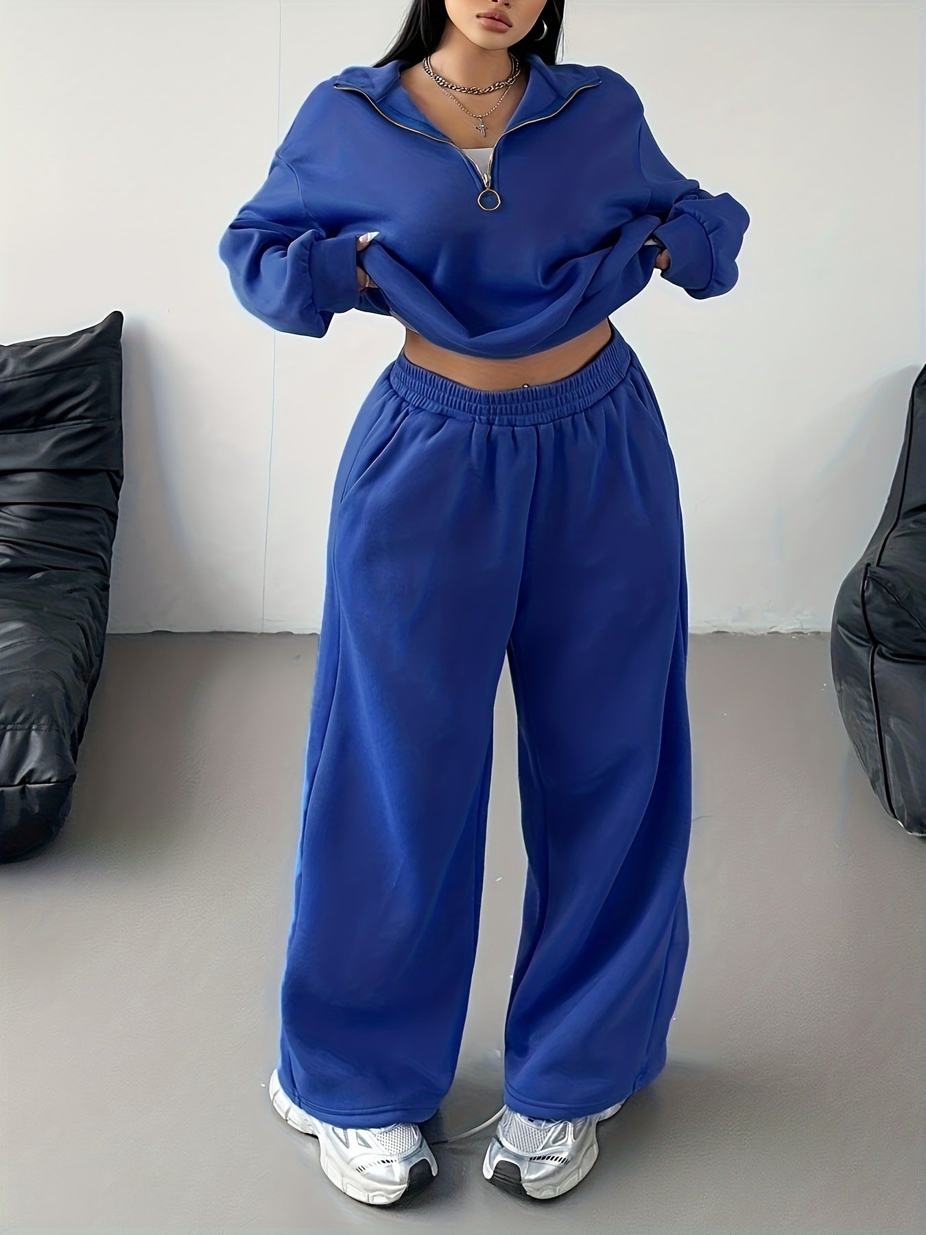 Fashion Half-zip Long-sleeve Top Elastic Loose Straight Suit