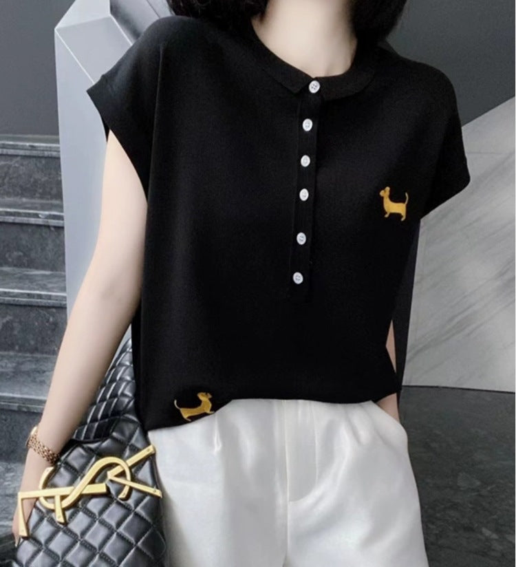Half-button Small Lapel Ice Silk Knitted Embroidered Striped Vest Top