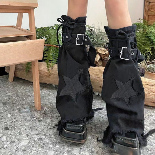 Star Embroidery Tie-neck Denim Retro Slightly Flared Women's Pile Tube Socks Leg Warmer