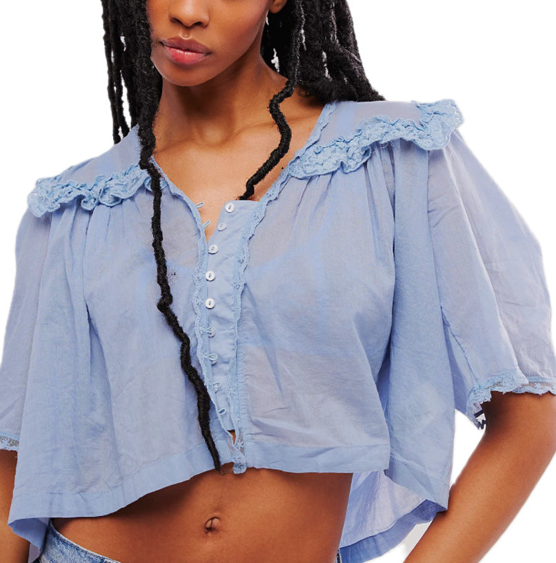 Lace-trimmed Collar Loose-fitting Fashionable Pleated Top For Women