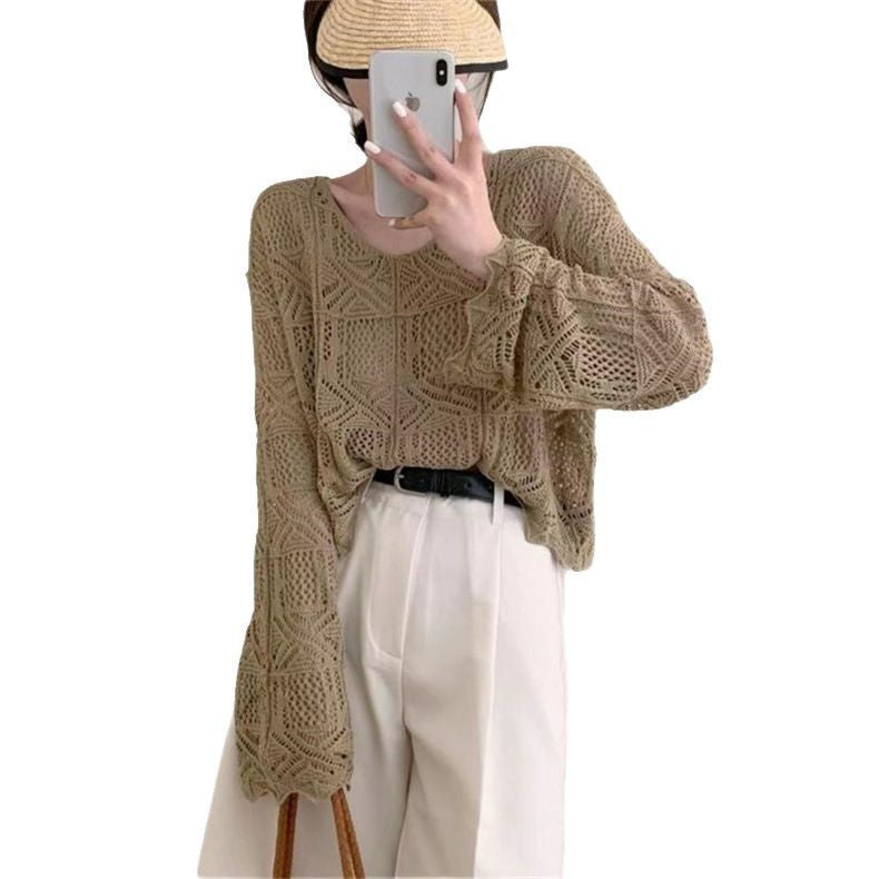 Summer New V-neck Hollowed Fashion Loose Sun-protection Shirt
