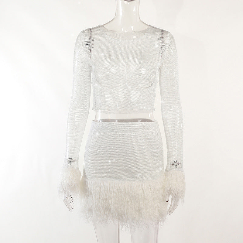 Knitted Round Neck Furry Long-sleeved Top Skirt Winter Skirt