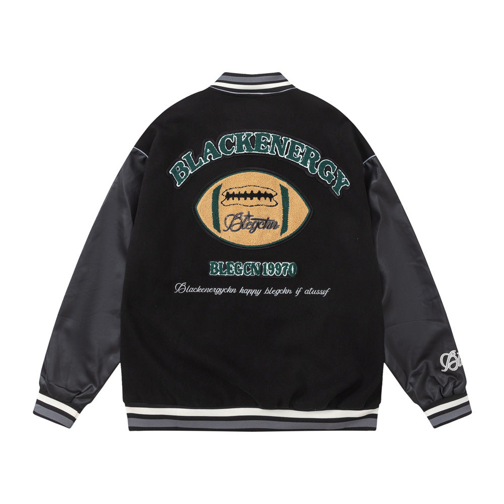 Towel Embroidered Rugby Pattern Leather Sleeve Stitching Jacket Coat