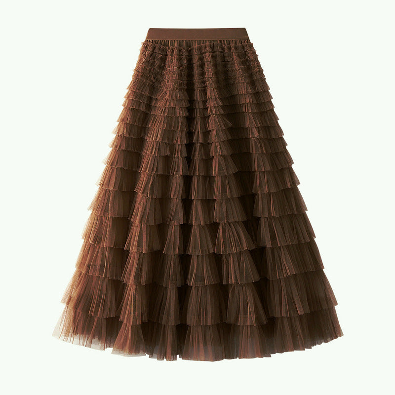 Line Mesh Ruffle Skirt Women's Temperament Sweet Long Skirt Slim Cupcake Dress Womens Clothing