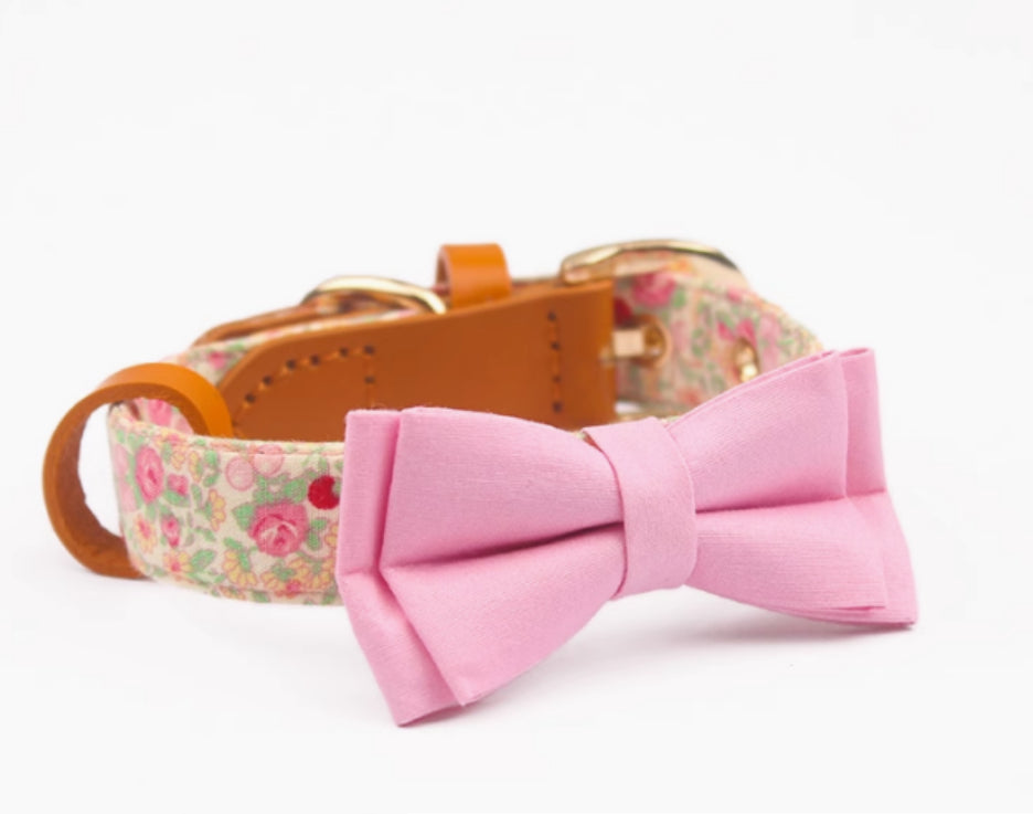 Cowhide Stitching Floral Cotton Pet Dog Collar Hand Holding Rope