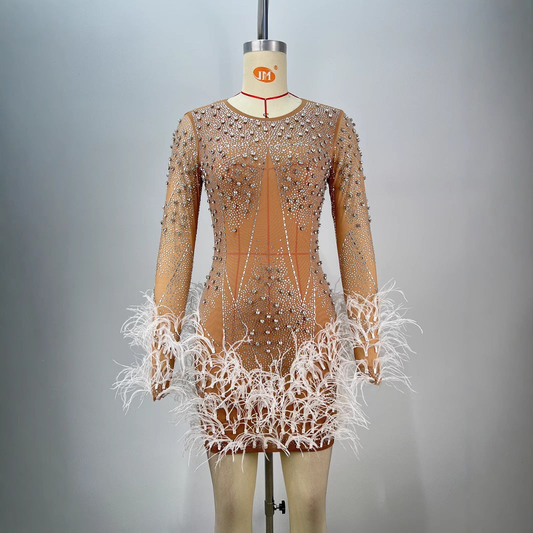 Fashionable Beaded Feather Round-Neck Dress