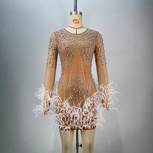 Fashionable Beaded Feather Round-Neck Dress