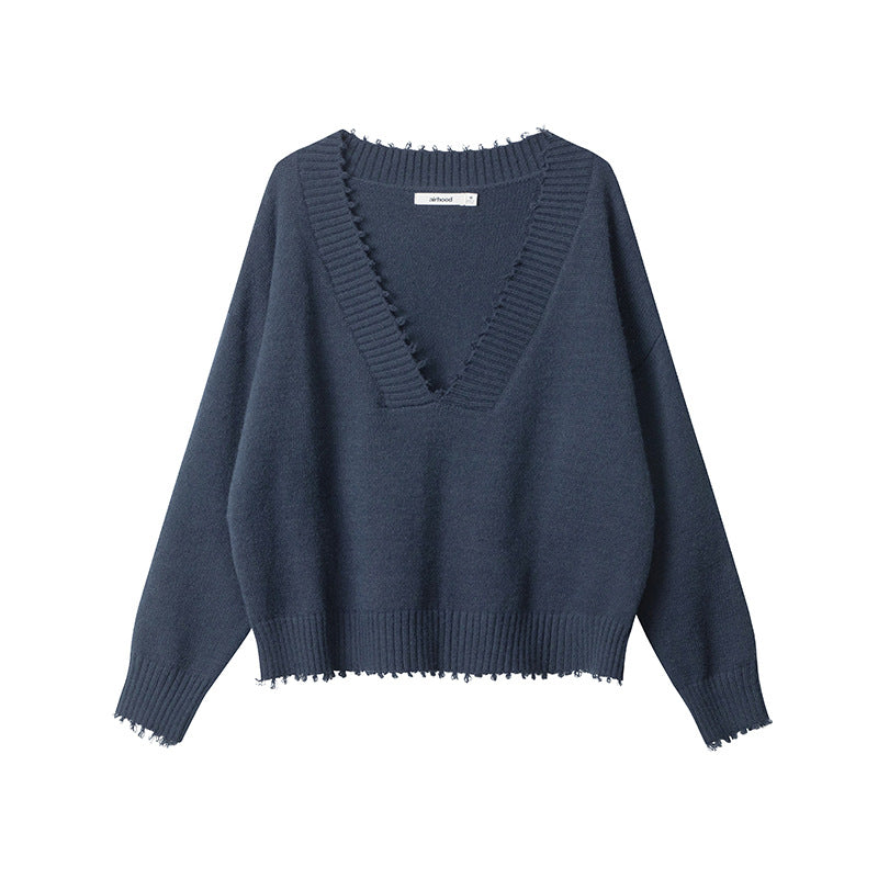 European And American Raw Edges Design V-neck Long-sleeved Sweater
