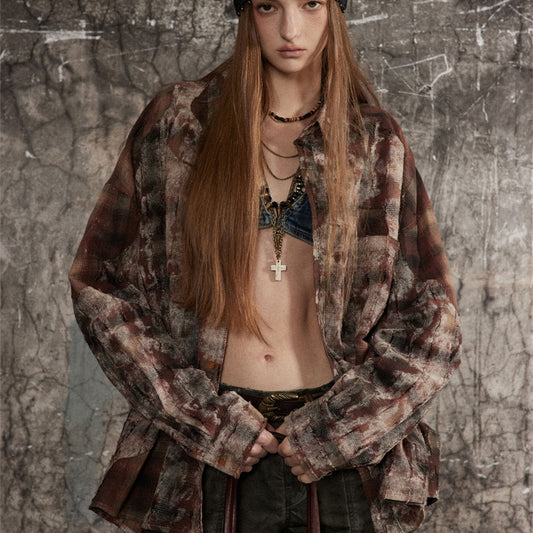 Washed And Worn Plaid Shirt Men's European And American Fashion