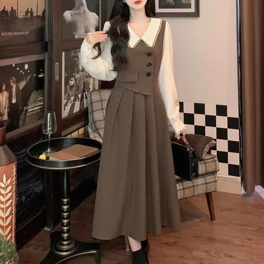 Womens French-Style Retro Patchwork Mock Two-Piece Dress
