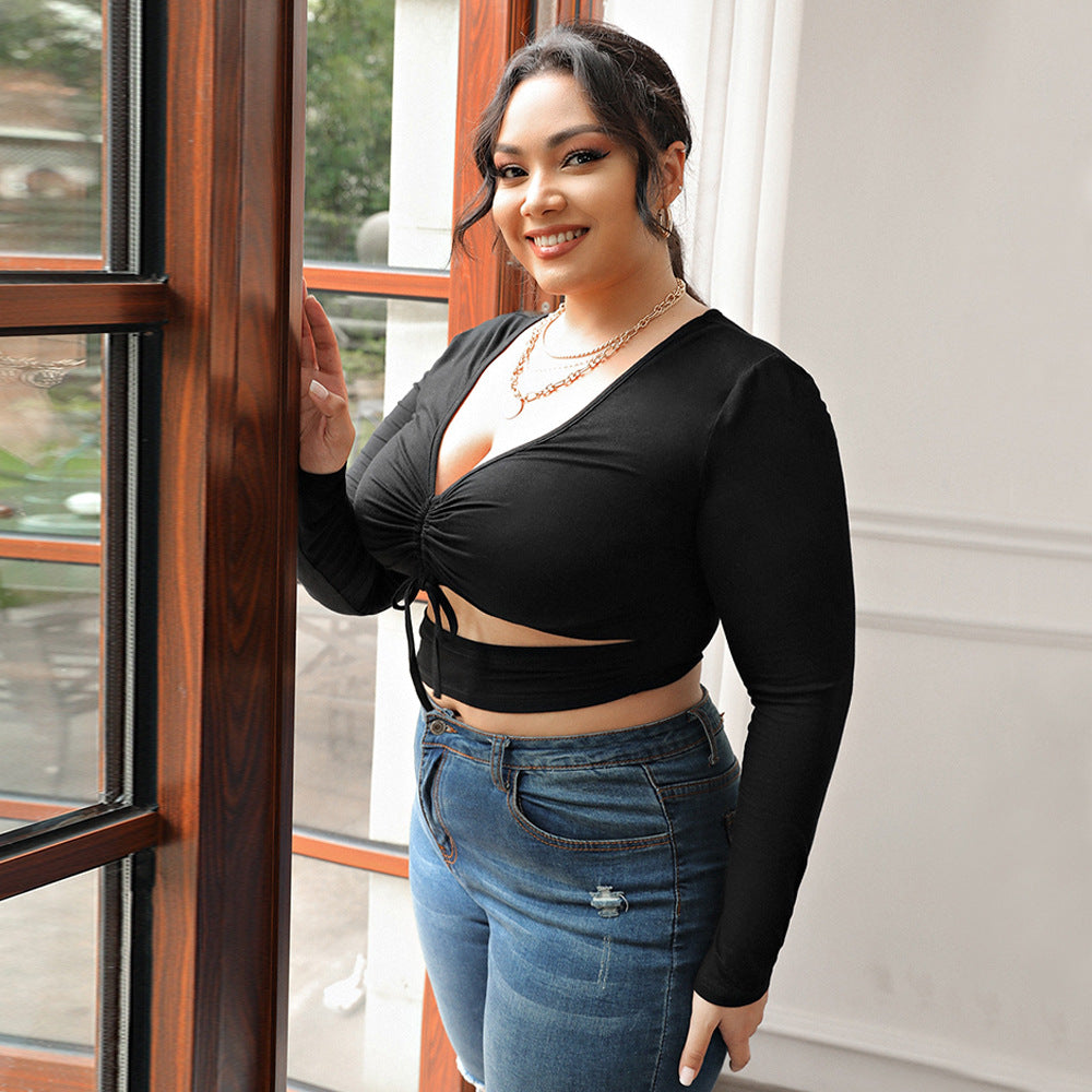 Dame Sexet V-hals High-end Sort Langærmet Slim-fit Kort Top