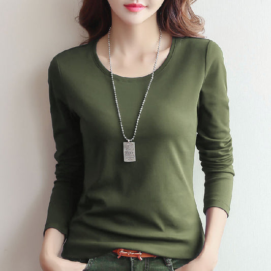 Round Neck Solid Color Long Sleeve Women's T-Shirt