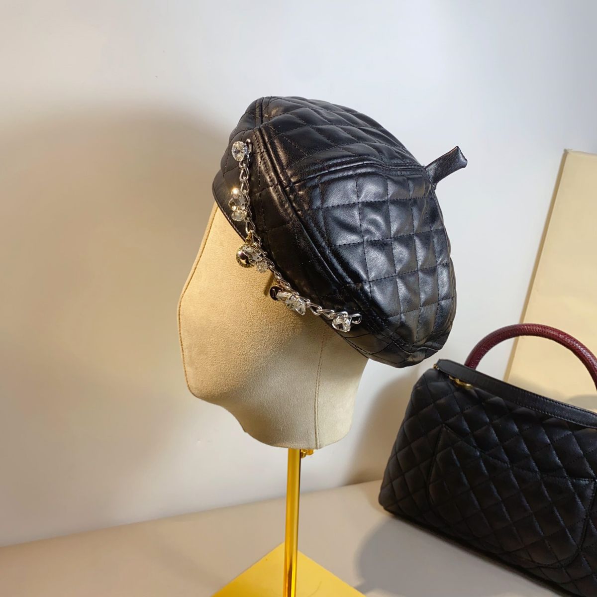 Artificial Leather Diamond Plaid Beret Street