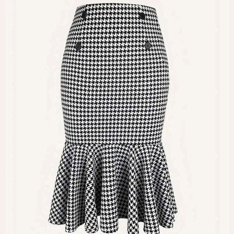Elegant Commuter Houndstooth Stræk Nederdel med Hoftepasform