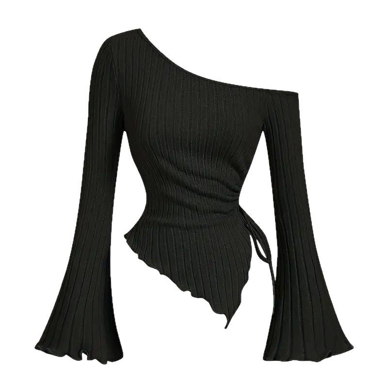 Design Sense Off-neck Long Sleeve Slim-fitting Simple Rope T-shirt
