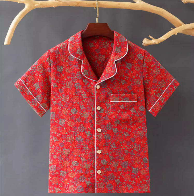 Chinese Style Pure Cotton Color Double-layer Cotton Yarn Short Sleeved Shirt