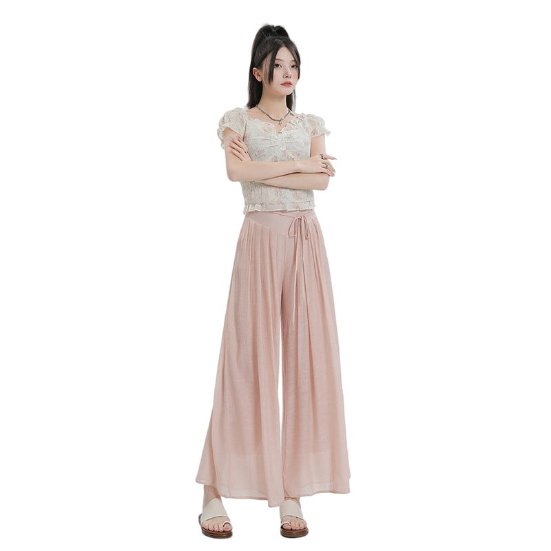 Summer Thin Design High Waist With Straps Slimming And Straight Drape Cropped Wide-leg Pants Skirt