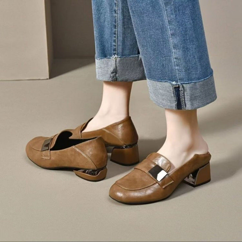 Women's Soft Bottom Round Head Thick Heel Leather Shoes
