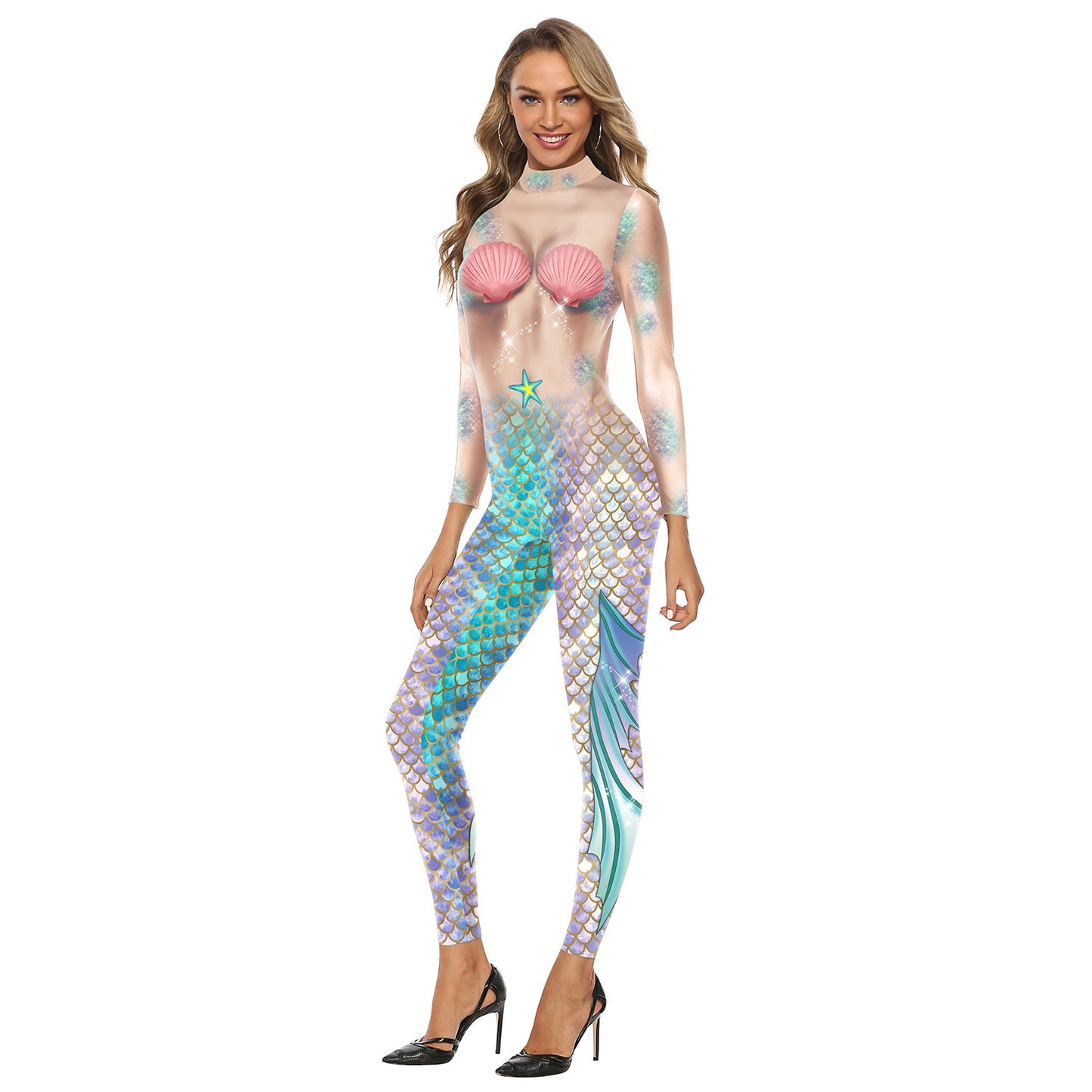 Women's Mermaid Cosplay Digital Print Long Sleeve Jumpsuit