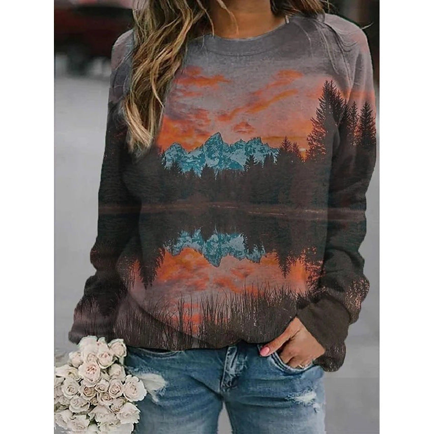 Landscape Flower Floral Print Long Sleeve Pullover