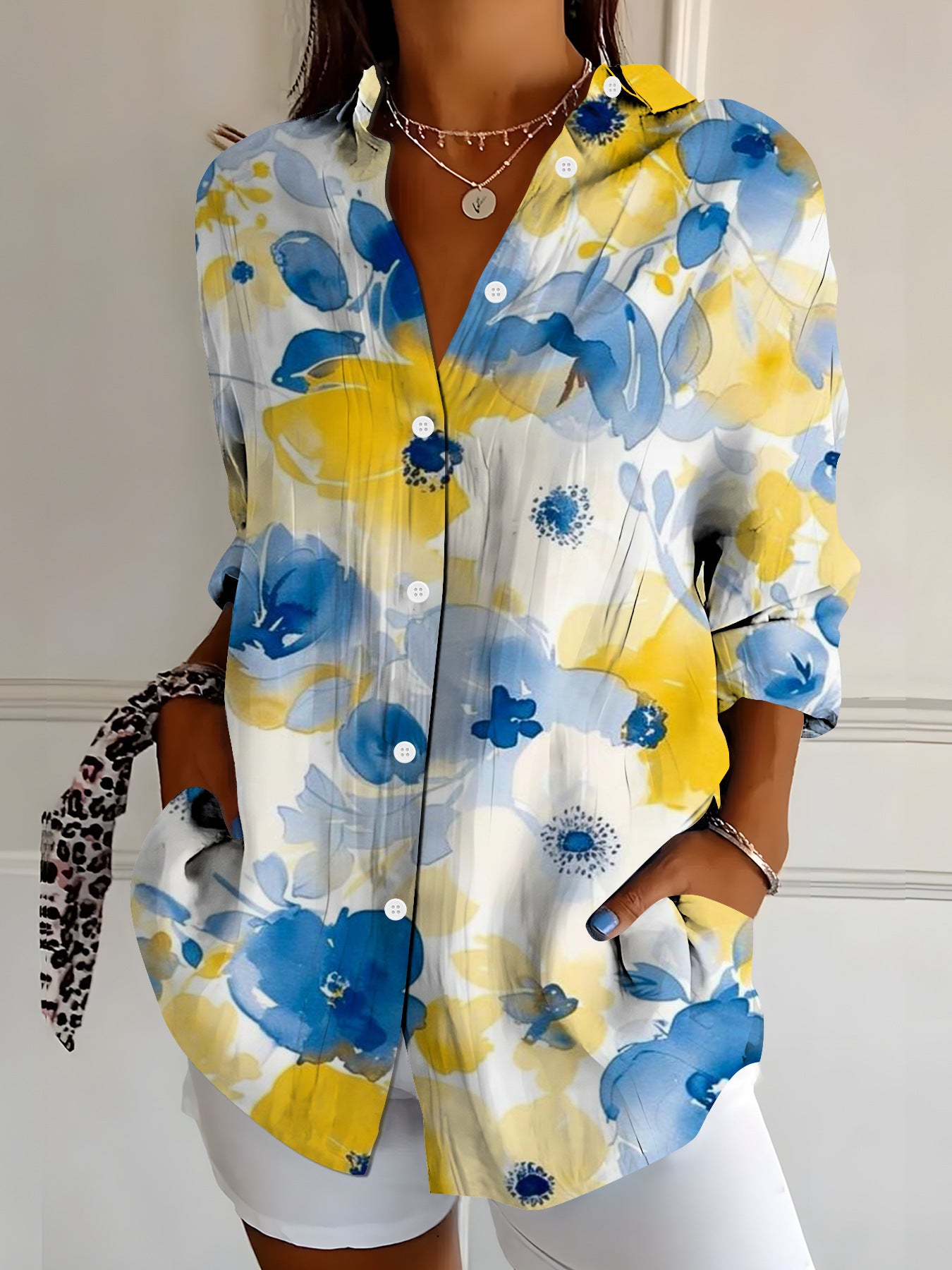 Womens Vibrant Colorful Floral-patterned Long-sleeve Shirt
