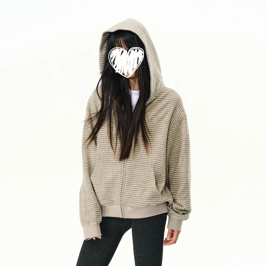 Koreansk Stribet Hætte Cardigan Sweater til Kvinder, Løs og Slankende