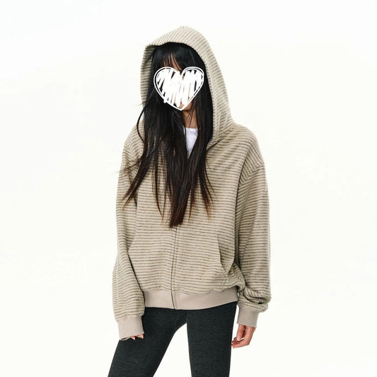 Koreansk Stribet Hætte Cardigan Sweater til Kvinder, Løs og Slankende