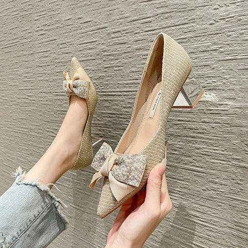Women's Chunky High Heel Bow Pointed Toe Shoes