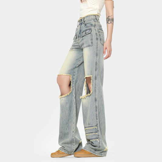 American-style Retro Straight Knee-exposed White Fashion Brand Ripped Jeans For Women