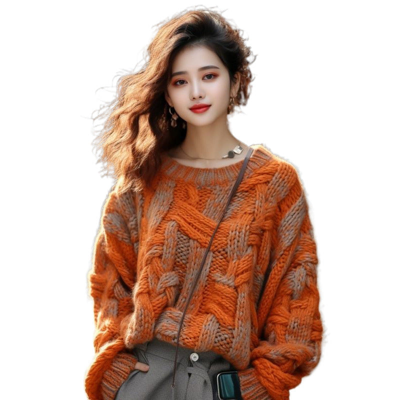 Orange Classic Style Thick Thread Sweater Coat For Women