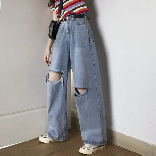 Løse Slankende Højtaljede Lige Knæ-Revede Jeans til Kvinder