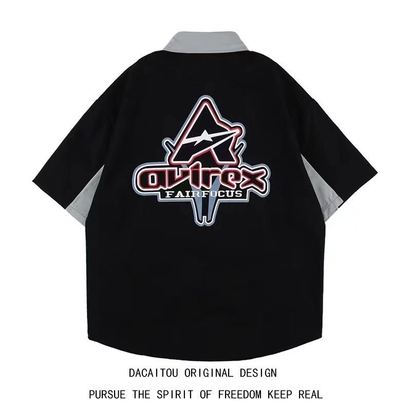 American Retro Heavy Industry Color Matching Racing Style Short Sleeve Shirt
