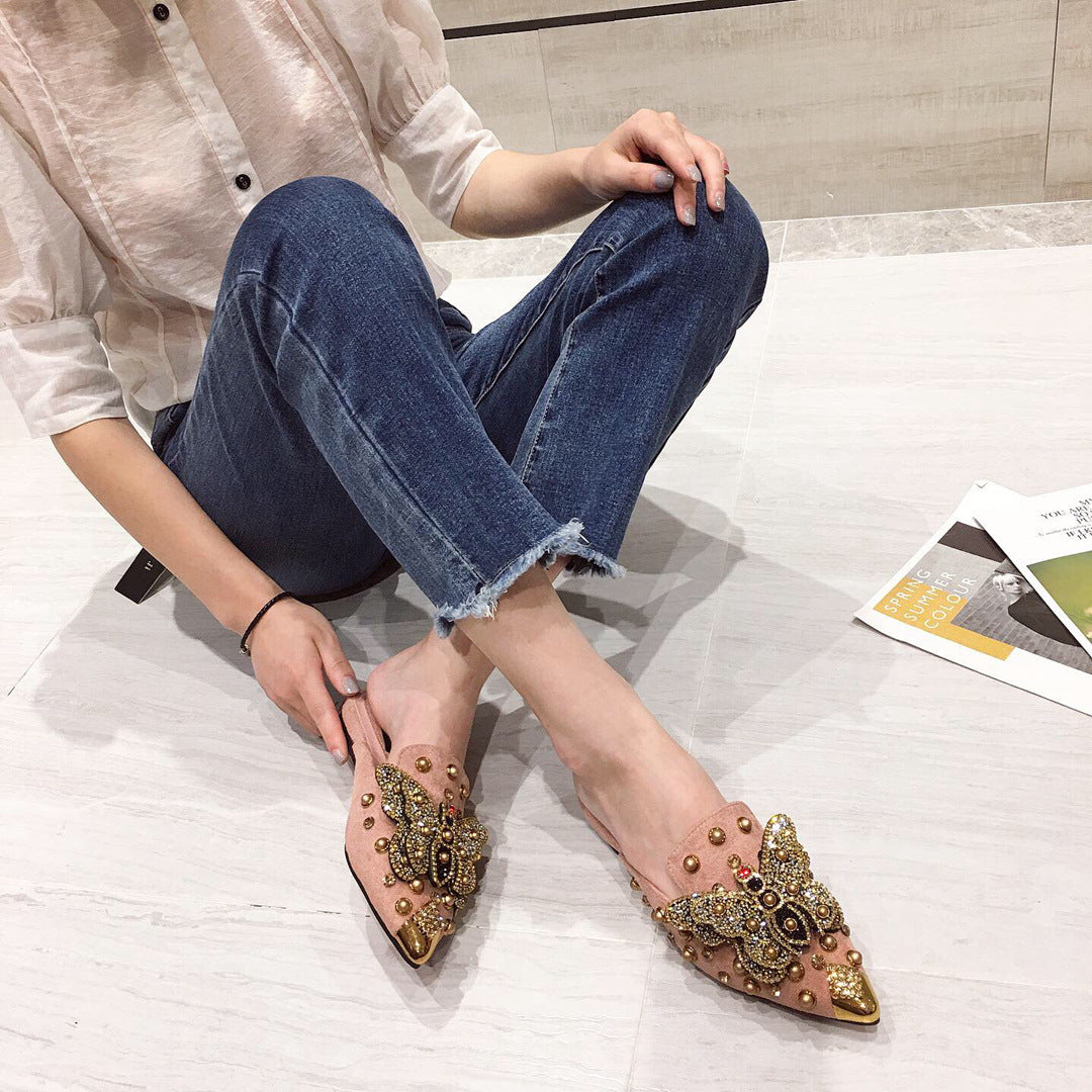 New Rhinestone Butterfly Pointed Baotou Lazy Slippers