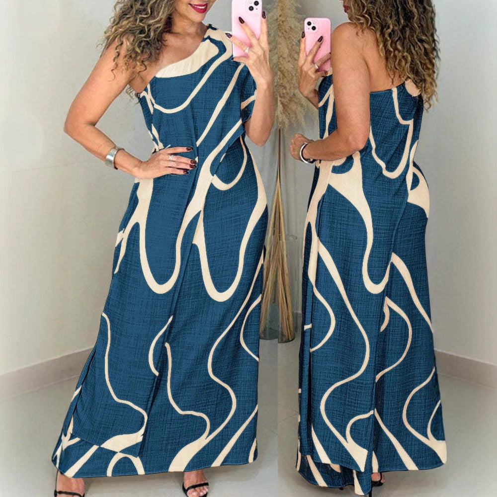 Vacation One-shoulder Sleeveless Printed Dress