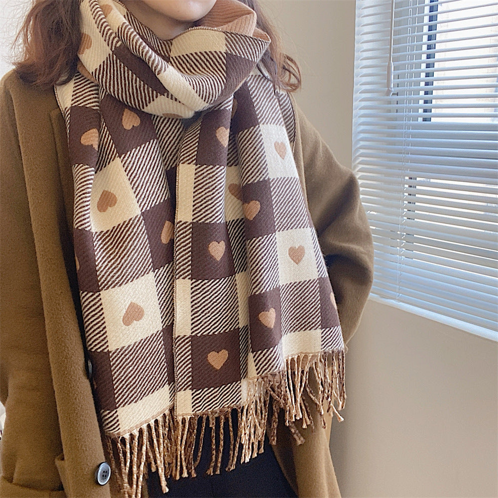 Artificial Cashmere Scarf Female With Hearts Thick Checks Fringe Bib