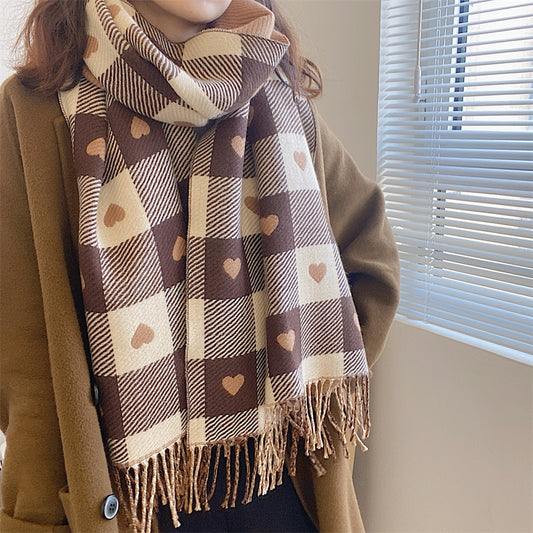 Artificial Cashmere Scarf Female With Hearts Thick Checks Fringe Bib