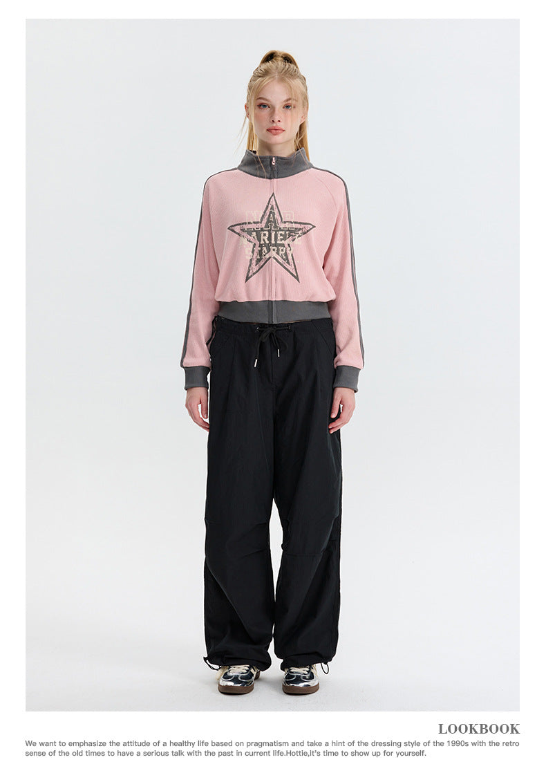 Five-pointed Star Pink American Retro Three-bar Sleeve Cardigan Stand Collar Sweater