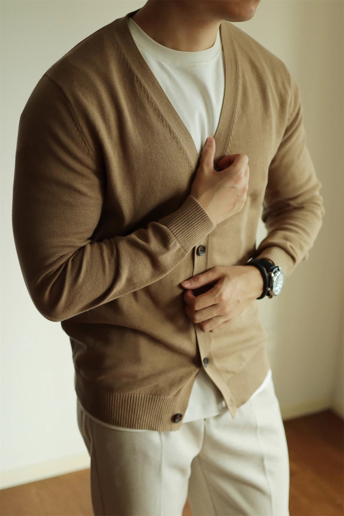 Knit Cardigan Coat Slim-fit Long Sleeve Solid Color And V-neck 100 Cotton