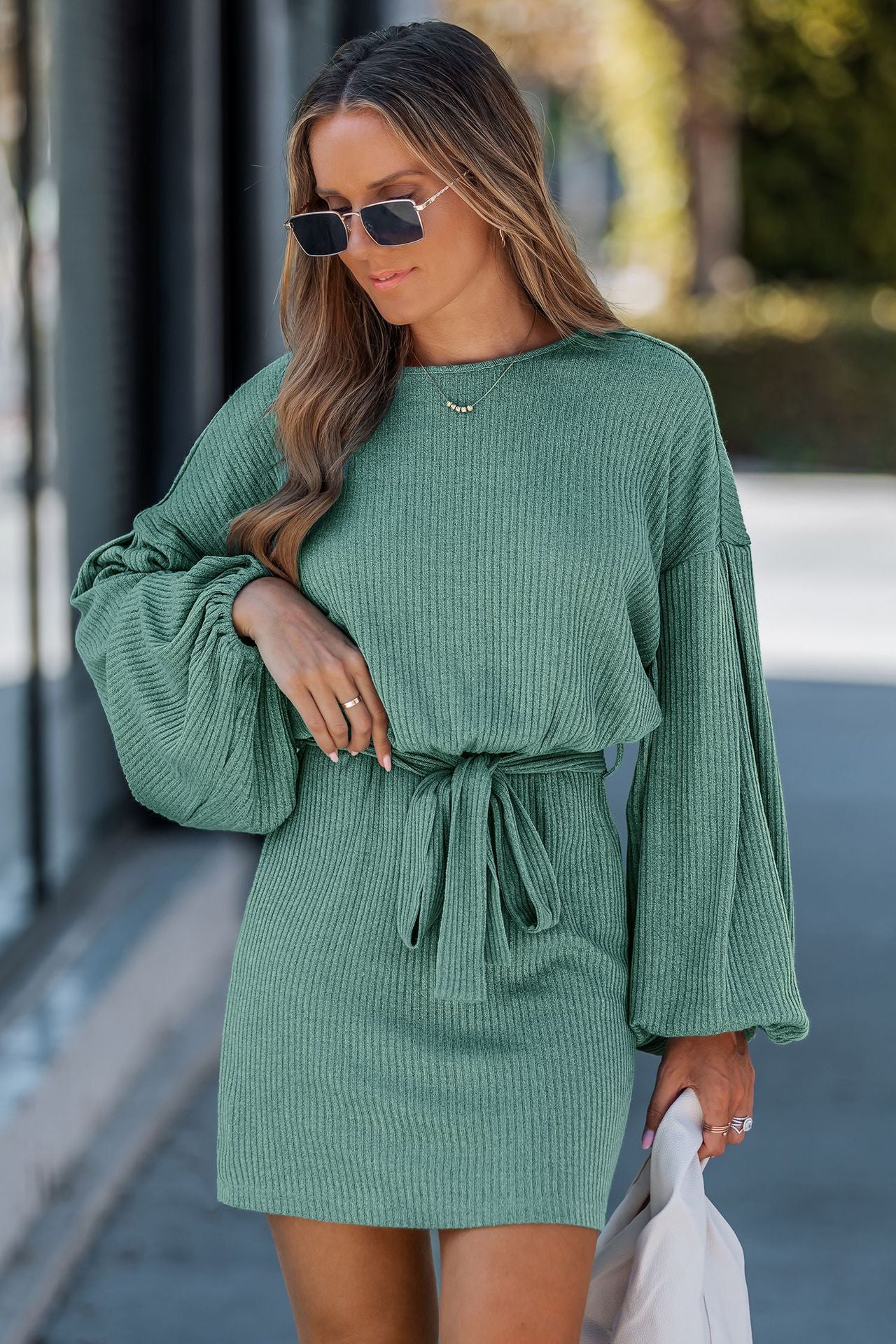 Arrival Decorative Long-Sleeve Rib-Knit Dress With Belt