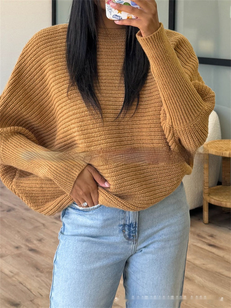 Round Neck Pullover Long Sleeve Batwing Shirt Fashionable Knitted Women's Sweater