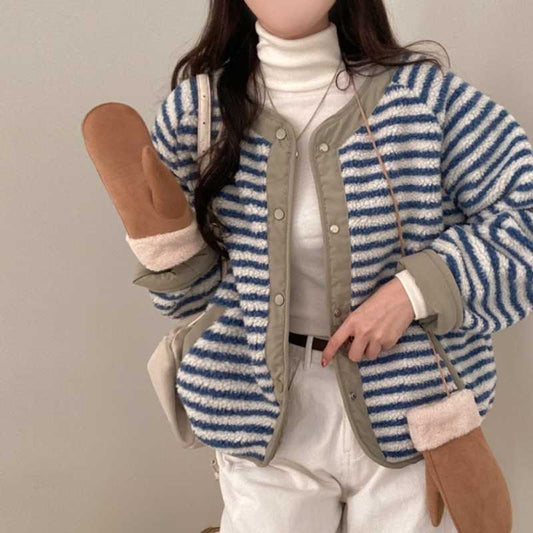 Autumn And Winter Wear Vintage Stripe Collarless Plush Contrast Color Long Sleeves Short Coat Protection