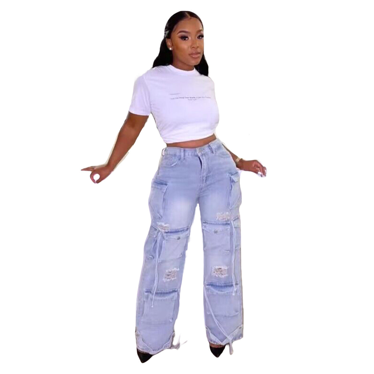 Ladies New Denim Stereo Multi-pocket Trousers