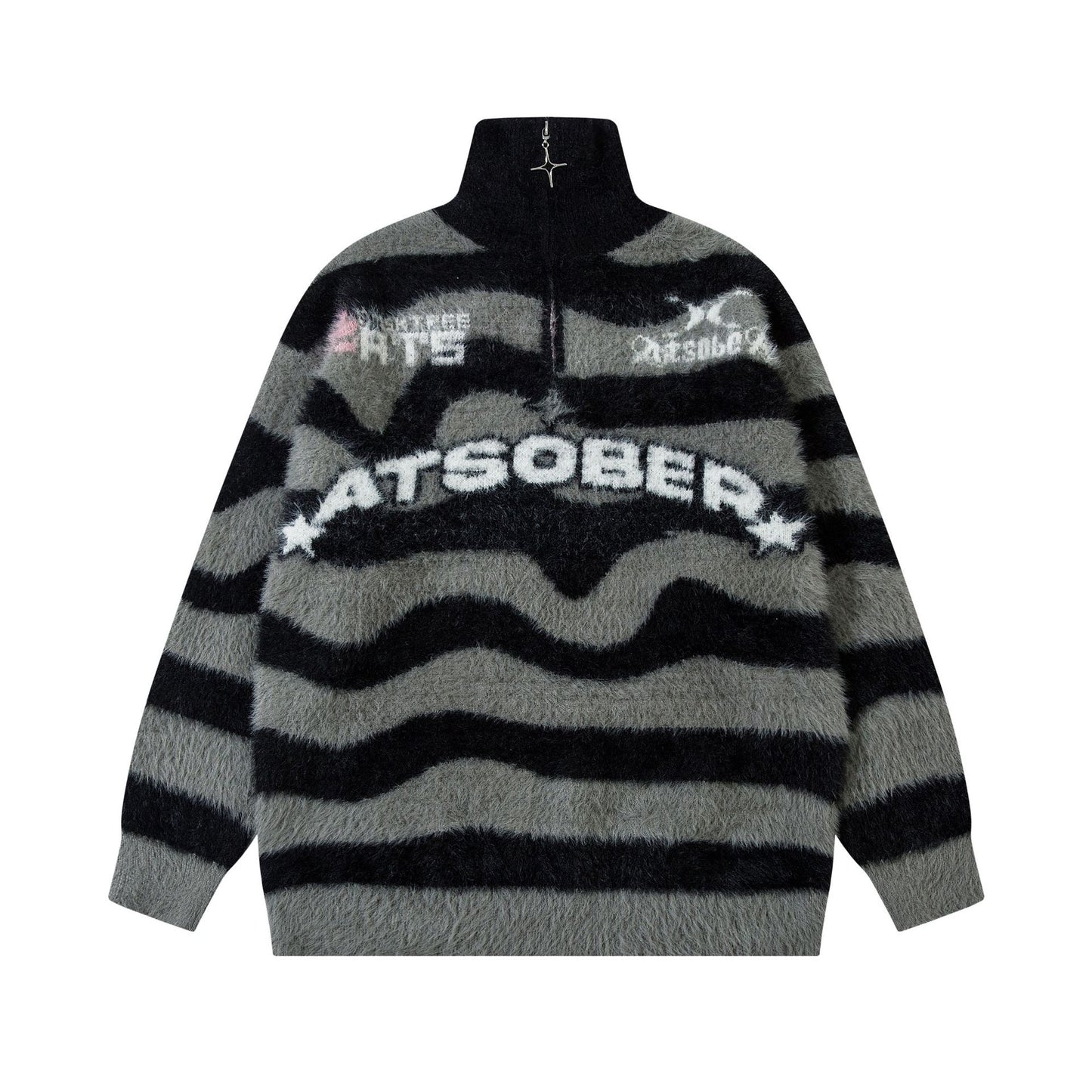 Autumn American Striped Half Zipper Mink Fur Knitted Sweater For Women