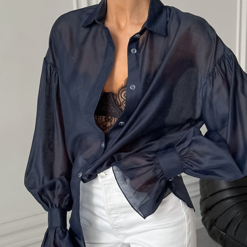 Sheer Long-sleeve Shirt Womens Fashion Elegant Casual