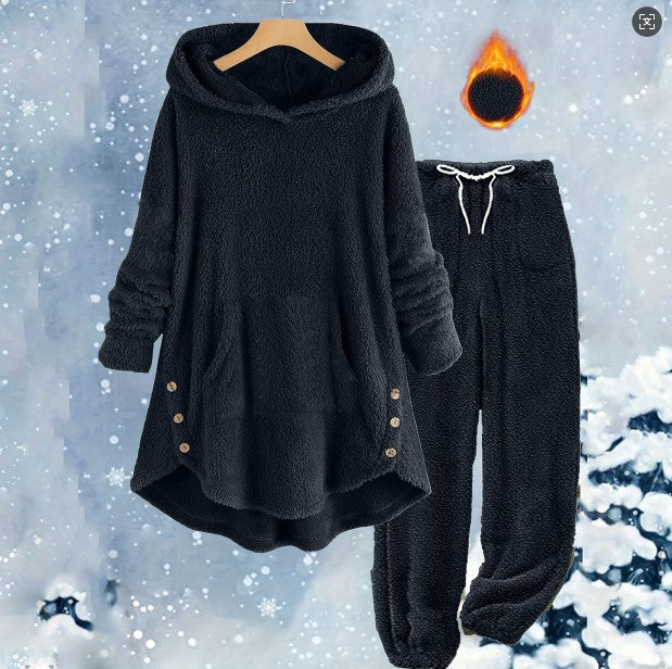 New AutumnWinter European And American-style Casual Womens Solid-color Plush Hooded Long-sleeve Pants