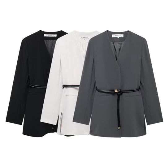 V-neck Blazer With Belt High-waisted Flared Trousers Set